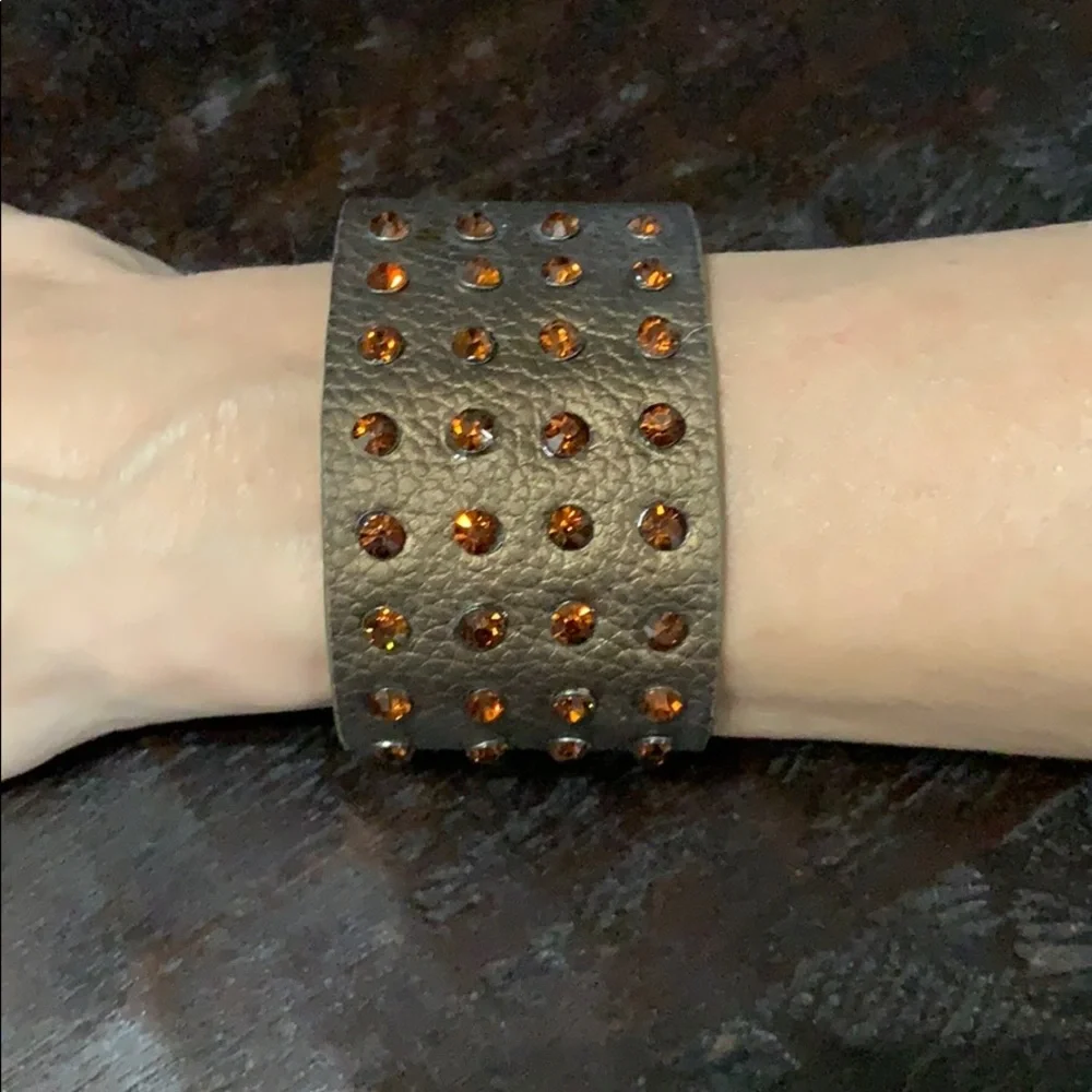 Brown leather cuff bracelet with brown rhinestones